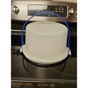 Vintage Tupperware 10" Cake Carrier White Speckled Base 684 Lid 683 Blue Handle